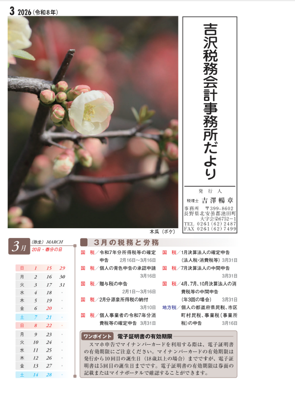 吉沢税務会計事務所だより最新号